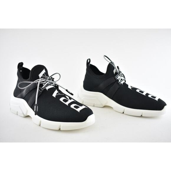 Prada XY Logo Sock Black White Knit Flat Lace Up Tie Pull On Trainer Sneaker 35 - Picture 2 of 12